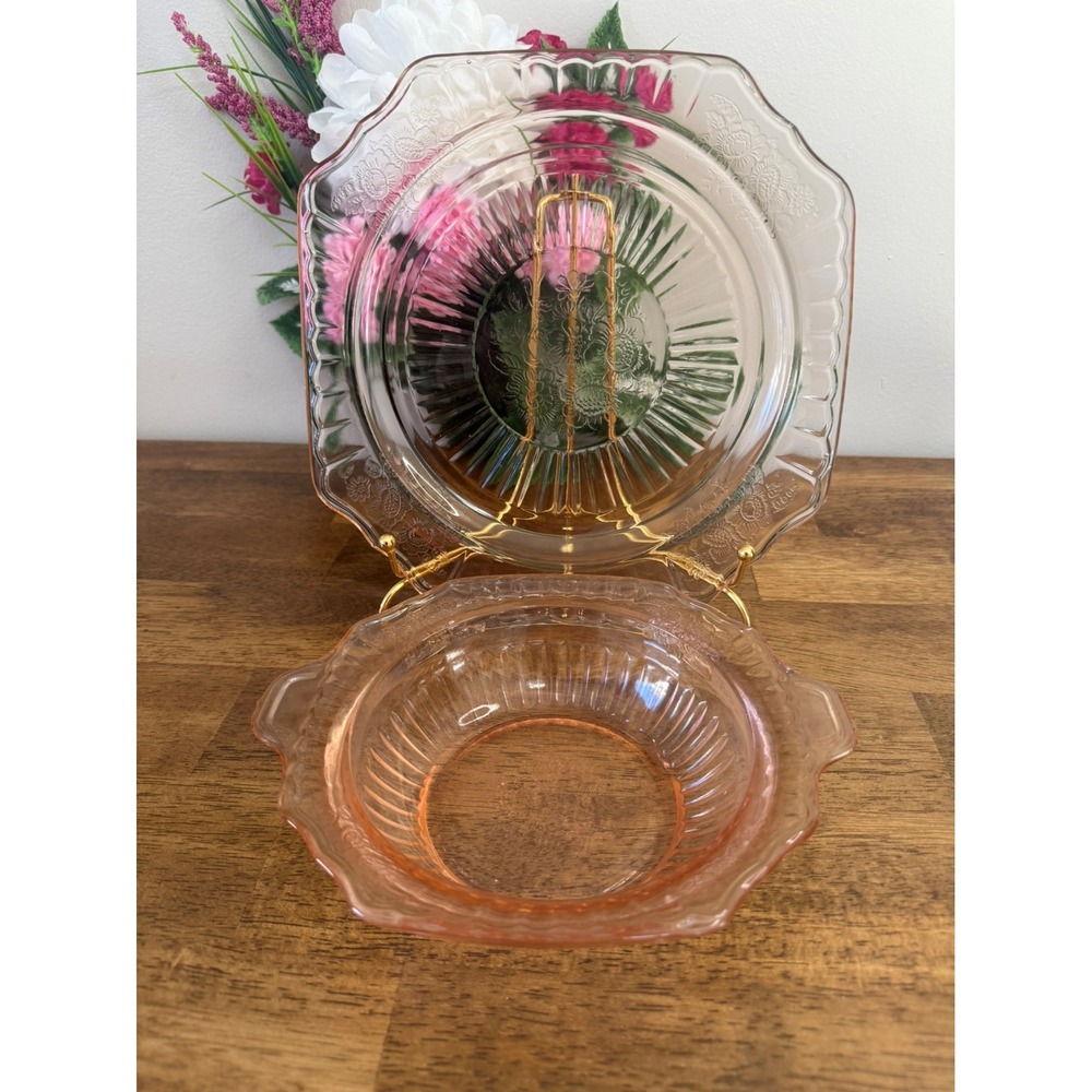Vintage Mayfair Open Rose Pink Depression Glass Bowl‎ Plate Set Anchor Hocking